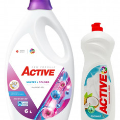 Detergent lichid pentru rufe albe si colorate Active, 6 litri, 120 spalari + Detergent de vase lichid Active, 1 litru, cocos