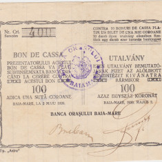 ROMANIA BON DE CASA BILINGV 100 COROANE KORONAT BAIA MARE 1920 VF+