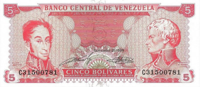 VENEZUELA █ bancnota █ 5 Bolivares █ 1989 █ P-70b █ UNC █ necirculata foto