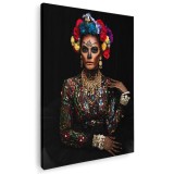 Tablou femeie cu machiaj craniu si flori pe cap Tablou canvas pe panza CU RAMA 70x100 cm