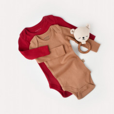 Set 2 body-uri cu maneca lunga bebe unisex din bumbac organic si modal - Maro/Rosu, BabyCosy (Marime: 6-9 luni)