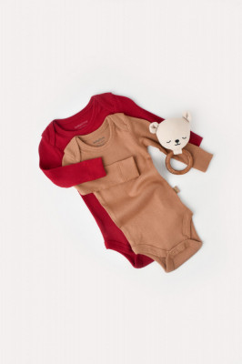 Set 2 body-uri cu maneca lunga bebe unisex din bumbac organic si modal - Maro/Rosu, BabyCosy (Marime: 12-18 Luni) foto