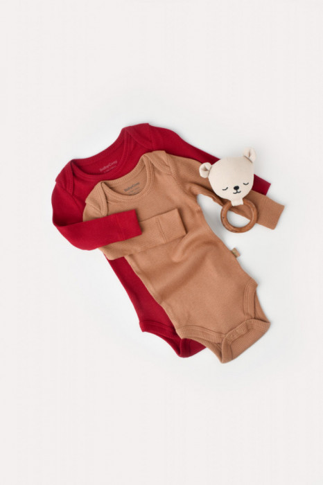 Set 2 body-uri cu maneca lunga bebe unisex din bumbac organic si modal - Maro/Rosu, BabyCosy (Marime: 9-12 luni)