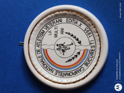 CONCURSUL ,CAMPIONATUL National de Atletism Veterani ,anul 1995 , Romania , placa rotunda din portelan ,diametru 15 cm foto