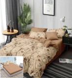 Cumpara ieftin Lenjerie Pat Bumbac 6 Piese cu Elastic Crem Maro 180x200 cm