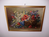 Cumpara ieftin &quot;Cos cu flori de camp&quot;, tablou vechi romanesc, ulei/carton, 70x50 cm, Impresionism