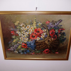 "Cos cu flori de camp", tablou vechi romanesc, ulei/carton, 70x50 cm