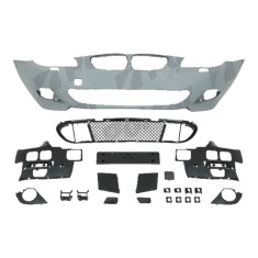 Set bara fata BMW Seria 5 (E60/E61), 06.2003-06.2010, cu gauri spalator; grunduit, de vopsit; type M-Tech; cu grile inferioare; cu suport numar inmat