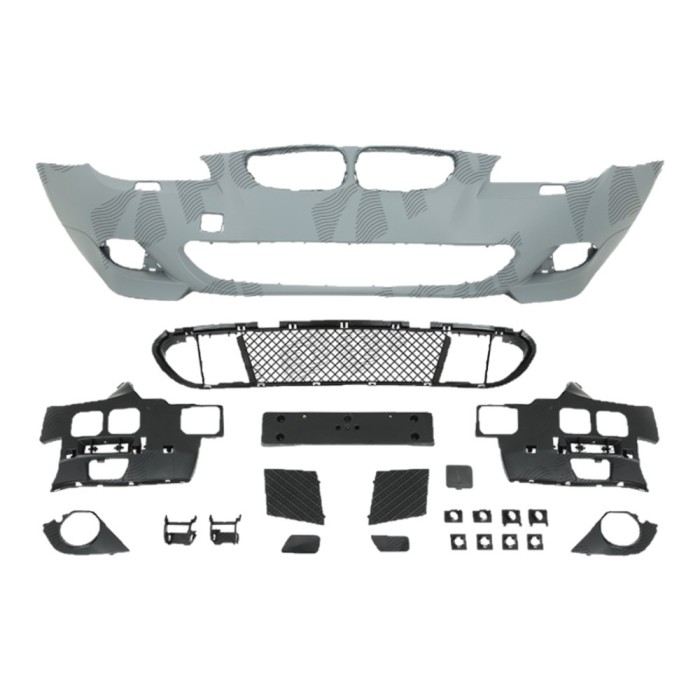 Set bara fata BMW Seria 5 (E60/E61), 06.2003-06.2010, cu gauri spalator; grunduit, de vopsit; type M-Tech; cu grile inferioare; cu suport numar inmat