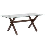 Masa dining bucatarie Atmosphera Jorel cu blat din sticla si picioare metalice, 180x90x75 cm, efect nuc Household NewTrend