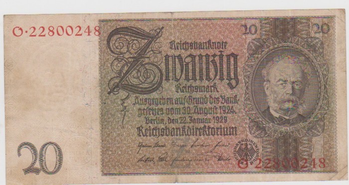 BANCNOTA 20 REICHSMARK 22 IANUARIE 1929 /VF GERMANIA