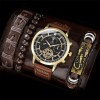 Set Cadou Barbati: Ceas Shaarms HQ8159 Auriu, 3 Bratari Piele Maro, Scorpion. Elegant, Quartz, Cadran Negru, Cutie Cadou