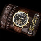 Cumpara ieftin Set Cadou Barbati: Ceas Shaarms HQ8159 Auriu, 3 Bratari Piele Maro, Scorpion. Elegant, Quartz, Cadran Negru, Cutie Cadou