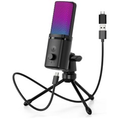 Microfon Profesional M160 cu USB, RGB, Mute, Cardioid, Zgomot Redus, Trepied Pliabil, Streaming, Gaming, Podcast, Windows, Mac, PS4/PS5, Negru