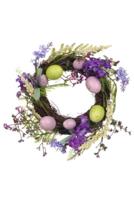 Coroană decorativă de Paște și primăvară, &icirc;mpodobită cu ouă, lavandă, flori multicolore, iarbă, 25 cm