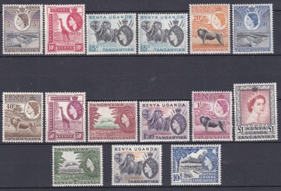 DB1 Colonii KUT Kenya Uganda Tanganika 1954 QEII Fauna Africana Elefanti Girafa Leu 15 v. MNH 15c cu si fara punct foto