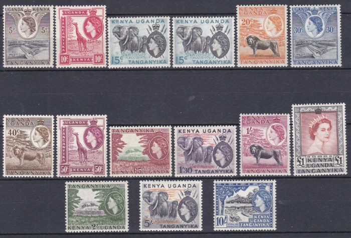 DB1 Colonii KUT Kenya Uganda Tanganika 1954 QEII Fauna Africana Elefanti Girafa Leu 15 v. MNH 15c cu si fara punct