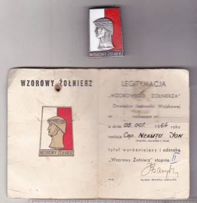 bnk ins Polonia - Insigna Militar de frunte + legitimatie - 1964 foto