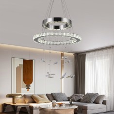 Lustra LED suspendata cu telecomanda si cristal 39W, 2 Cercuri, lumina Rece/Calda/Neutra, Dimabila, Crom Lucios, Inaltime Reglabila ModernLight Concep