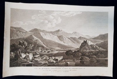 VUE DE QUELQUES SARCOPHAGES , AUTELS ET INSCRIPTIONS SUR LES BORDS DEL-ZADRO - GRAVURA ORIGINALA, 1802 foto