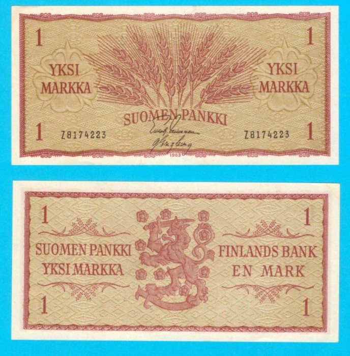 Finlanda (p#98) 1 Markkaa 1963 aUNC+ &#039;Gr&acirc;u&#039; serie: Z8174223