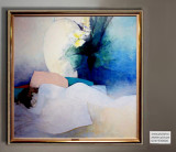 Tablou femeie in asternut, tablou abstract living tablou multicolor 100x100, Natura, Ulei