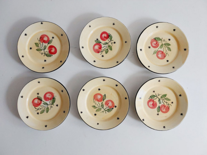 Set 6 farfurii mici ceramice pictate manual cu fructe piersici/caise, 10cm diam