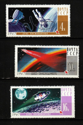 Rusia, URSS, 1967 | Ziua cosmonauticii - Leonov, Luna 10 - Cosmos | MNH | aph foto