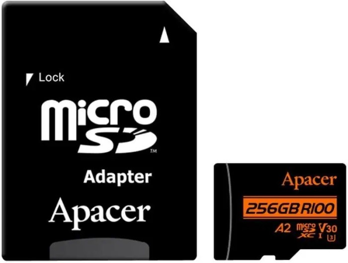 Card microSDXC UHS-I U3 V30 A2 Apacer 256GB R100 cu adaptor SD AP256GMCSX10U8-R