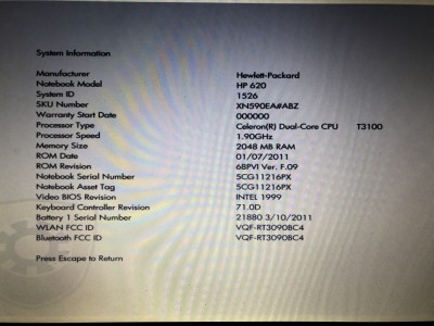 PLACA DE BAZA LAPTOP HP 325 425 625 620 PROCESOR INTEL T3100 DDR3 foto
