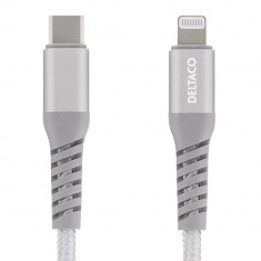 Cablu impletit 1m DELTACO Lightning la USB-C, 9V/2A PD, 5V/3A PD, 5V/2.4A, USB 2.0, argintiu foto