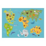 Harta decorativa pentru perete copii continente cu animale, PVC rezistent la apa, 50x70 cm