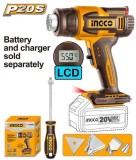 Termosuflanta INGCO HGLI2003, 20V, temperatura reglabila 30-550&deg;C, debit aer 100/200 L/min, afisaj LCD, 3 duze, racleta inclusa, fara acumulator si in