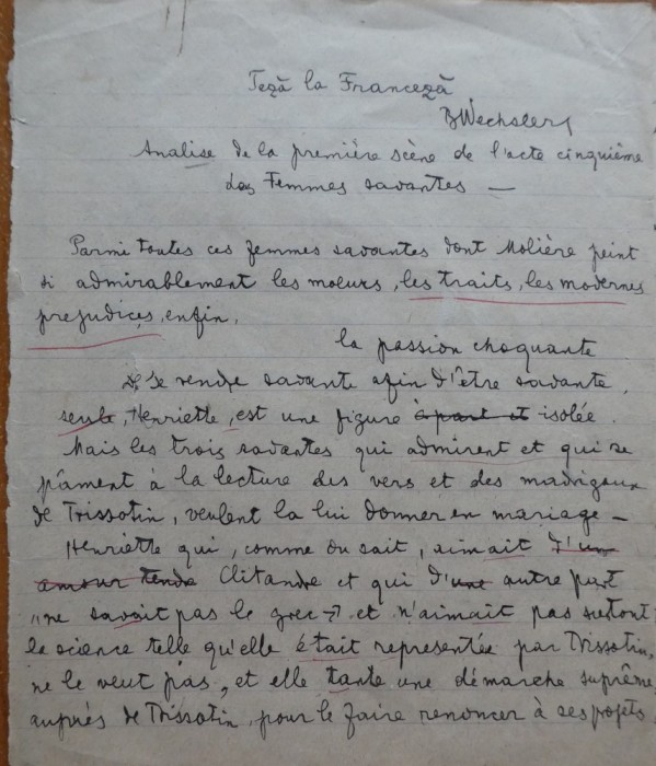 Teză la Franceză aparțin&acirc;nd lui Beniamin Fundoianu ( Wechsler ), cca. 1915