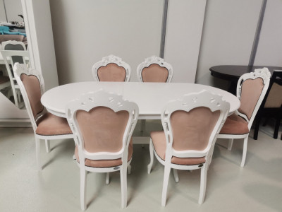 Set lux masa alba extensibila 150/190/90/77 h + 6 scaune tapitate roz foto