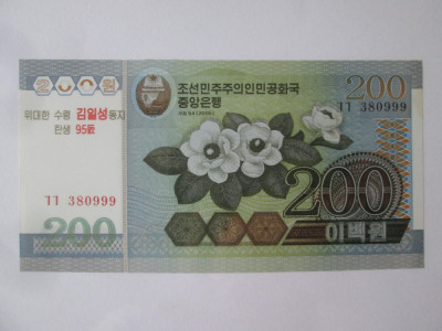 Coreea de Nord 200 Won 2005 UNC comemorativa Kim Ir-sen,seria:380999 foto