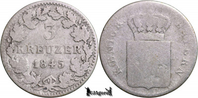 1845, 3 Kreuzer - Ludovic I - Regatul Bavariei | KM 800 foto