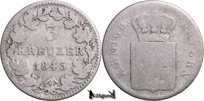 1845, 3 Kreuzer - Ludovic I - Regatul Bavariei | KM 800