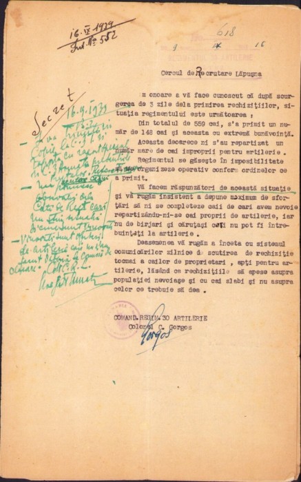 A2719N Rapoarte secrete privitoare la rechizițiile de animale de tracțiune făcute pe seama Regimentului 30 Artilerie Chișinău, 1939