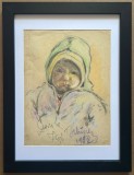 Tablou 1958 Portret Copil Bebelus pictura pastel inramat 35x46cm, Portrete, Realism