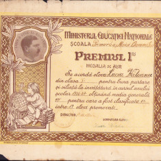 HST A1349 Diplomă Medalia de aur școlară premiul I Cluj 1937