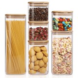 Set 6 Recipiente pătrate din sticlă borosilicată cu capac din bambus etanș Koken, pentru depozitarea alimentelor uscate și cerealelor