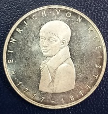 (A137) MONEDA DIN ARGINT GERMANIA - 5 MARK 1977, LIT. G, ANIVERSARE 200 ANI NASTEREA LUI HEINRICH VON KLEIST - PROOF