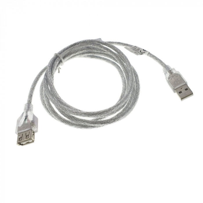 Cablu prelungitor USB 2.0 tata la USB 2.0 mama, Lanberg 41378, cu ferita, lungime 180 cm, transparent