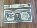 1.000 dollari 1865 proiect bancnota commemorativa REPRODUCERE pe hartie cu filigran si fire UV