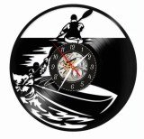 Ceas de perete din disc vinil, Tematică Caiac-Canoe, Design Sporturi Nautice cu Padele și Siluetă Sportiv, Negru, 30 cm