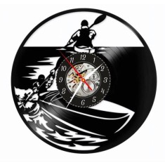 Ceas de perete din disc vinil, Tematică Caiac-Canoe, Design Sporturi Nautice cu Padele și Siluetă Sportiv, Negru, 30 cm