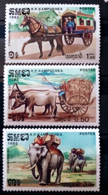Cambodgia 1985 fauna animale elefant, cai, vite, transport serie nestampilata foto
