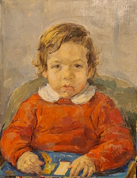 Portret original &icirc;n ulei al unui băiețel cu pulover roșu