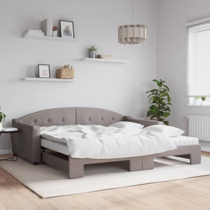 vidaXL Pat de zi cu extensie și saltele, gri taupe, 100x200 cm, textil 3197556